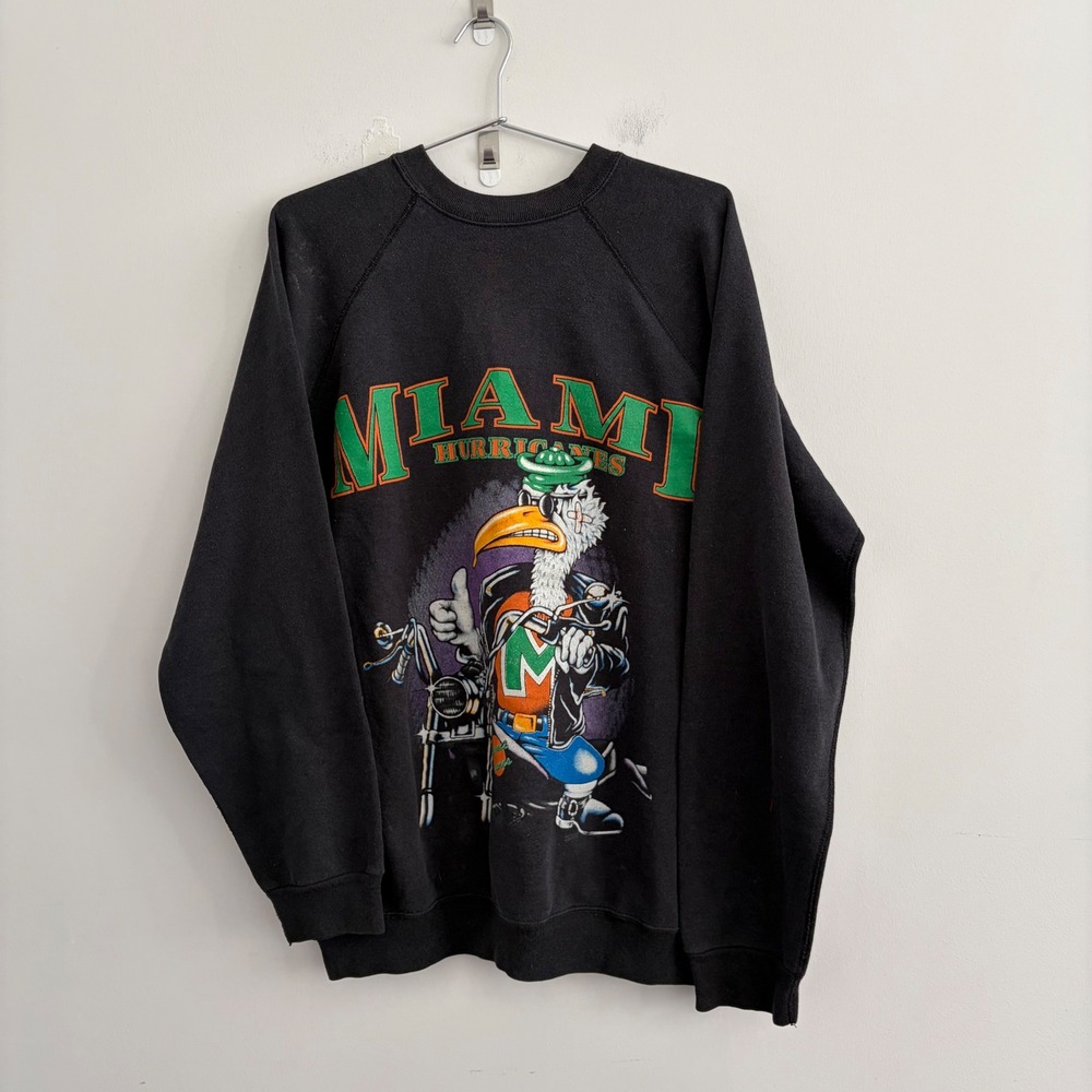 Vintage Tultex Miami Hurricanes Sebastian Ibis Biker Sweatshirt Black XLT